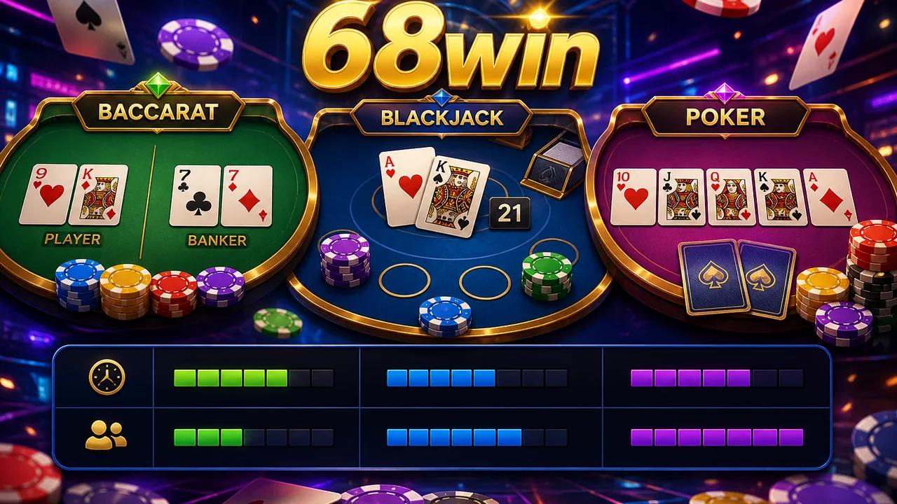 Chọn nhịp bàn quen thuộc: 68win nên chơi baccarat, blackjack hay poker khi quay lại?